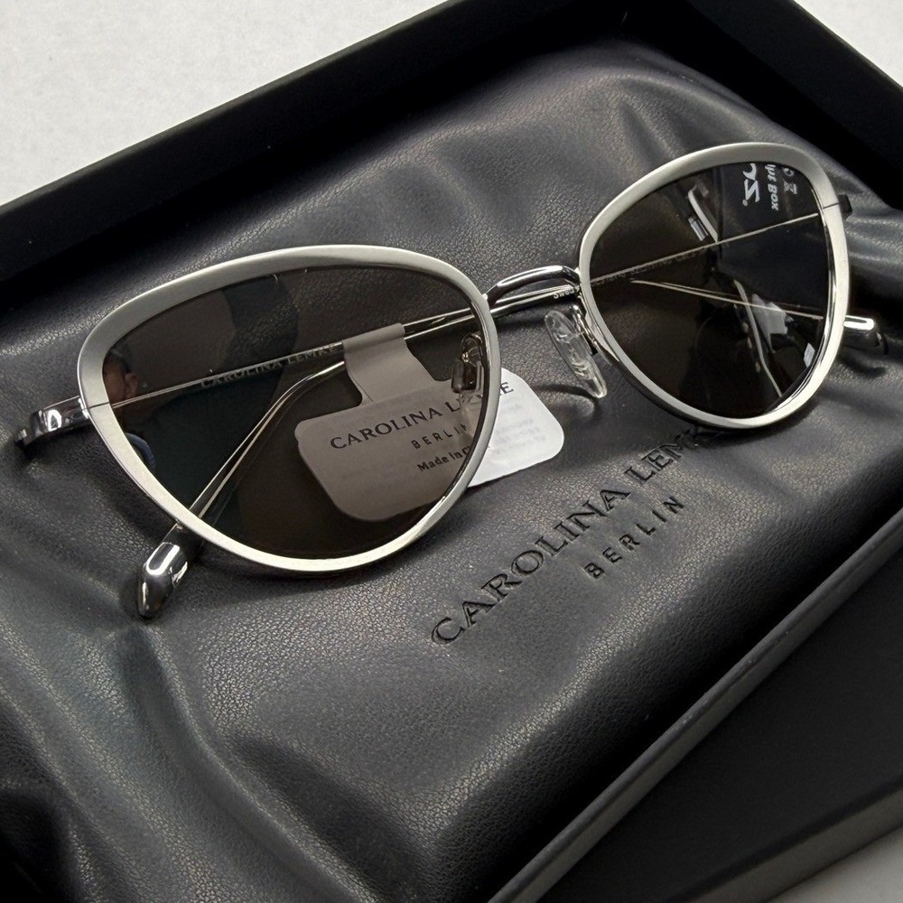 NWT Carolina Lemke Berlin Silver Cat Eye Mirror Lens Sunglasses with Case